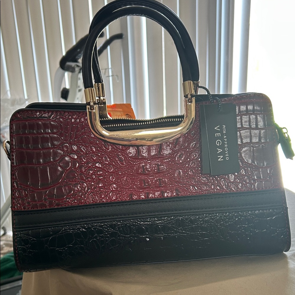 Vegan Burgundy and Black Croc-Embossed Handbag